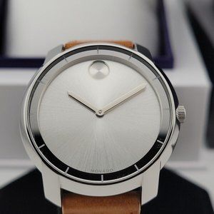 Mint! New Movado Silver Ladies Brown Leather Strap Watch